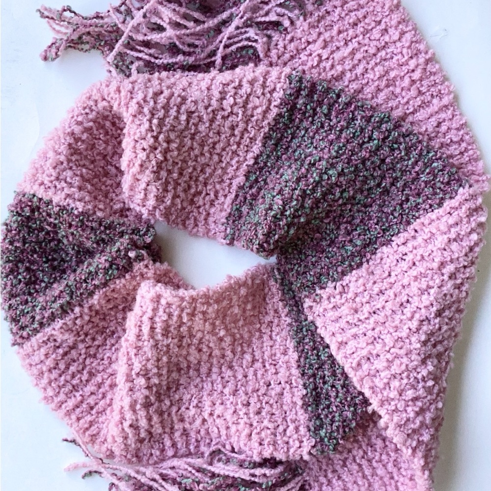 Scarf Pink Dark Rose Knit Hand Crafted Boucle Fringed Colorblock - Picture 3 of 10